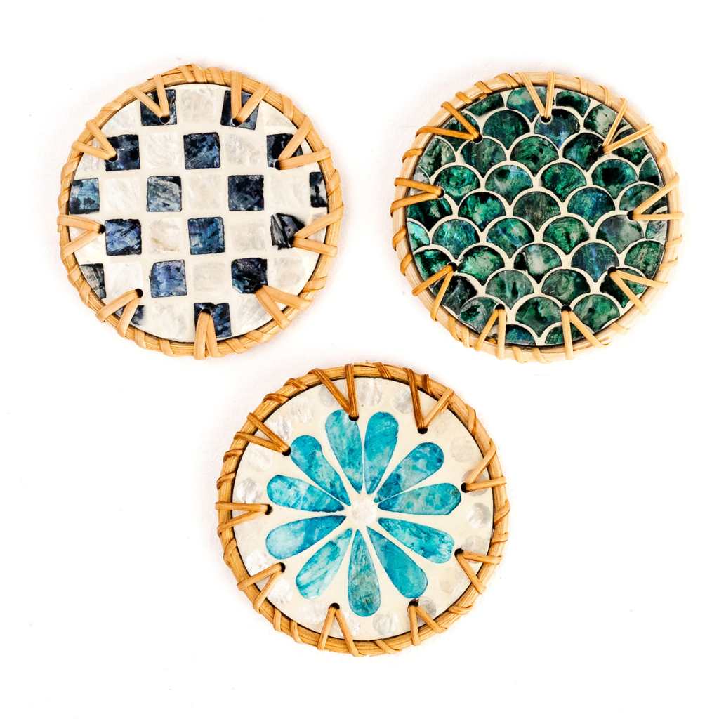 > Mother of Pearl & Rattan Coasters ~ Ripple, Cascade or Drift Style Choice (Set of 6 with Holder)