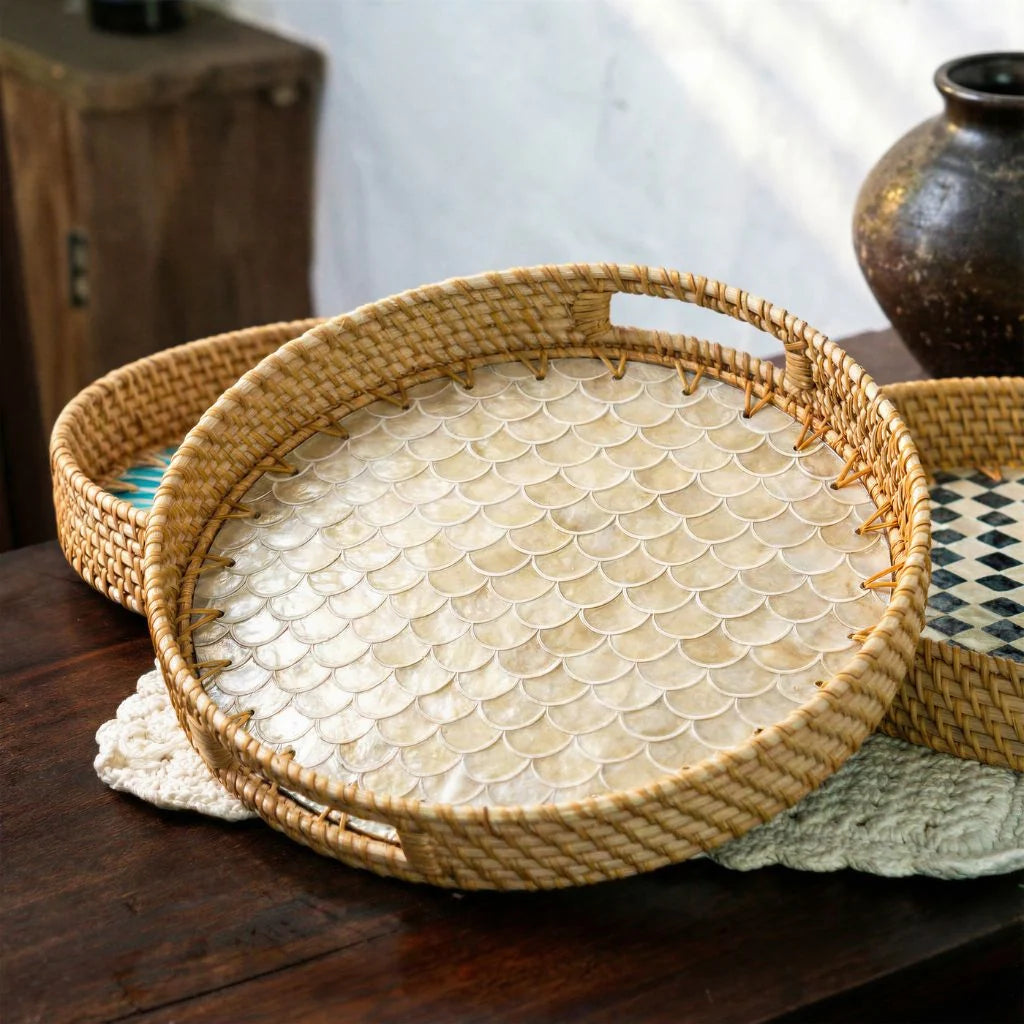 > Mother of Pearl & Rattan Tray ~ Drift, Cascade, Everglade or Ripple Style Choice (35cm)