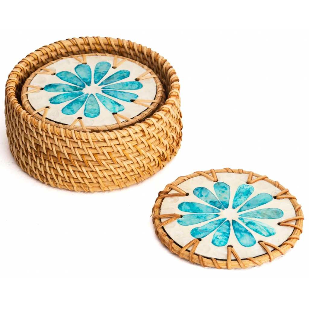 > Mother of Pearl & Rattan Coasters ~ Ripple, Cascade or Drift Style Choice (Set of 6 with Holder)