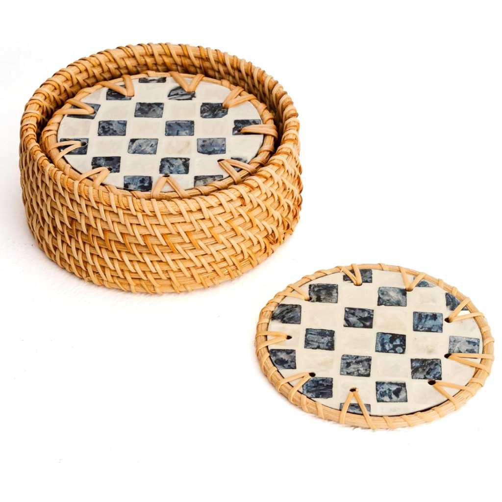 > Mother of Pearl & Rattan Coasters ~ Ripple, Cascade or Drift Style Choice (Set of 6 with Holder)