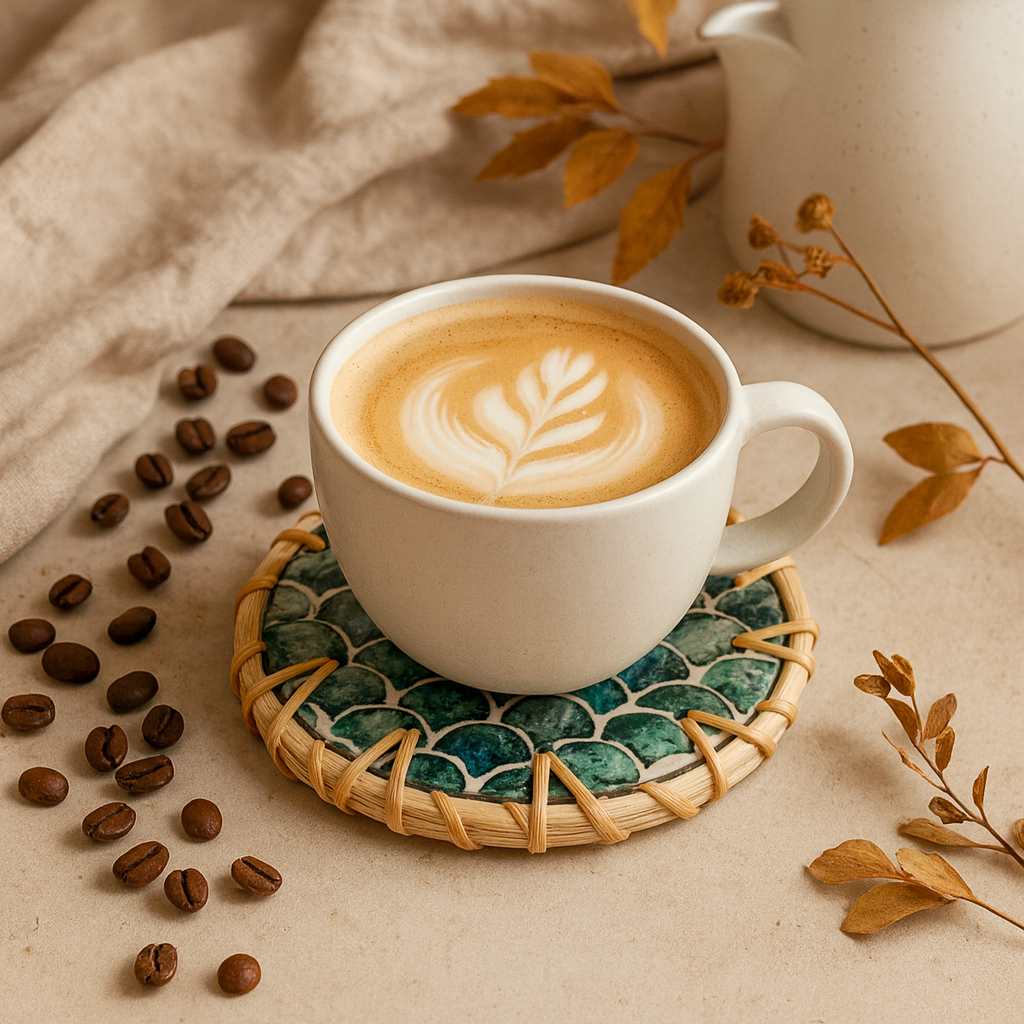 > Mother of Pearl & Rattan Coasters ~ Ripple, Cascade or Drift Style Choice (Set of 6 with Holder)