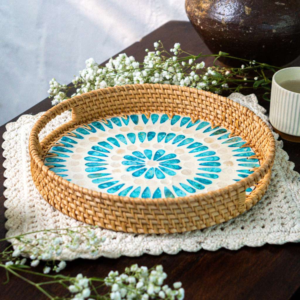 > Mother of Pearl & Rattan Tray ~ Cascade, Ripple or Drift Style Choice (30cm)