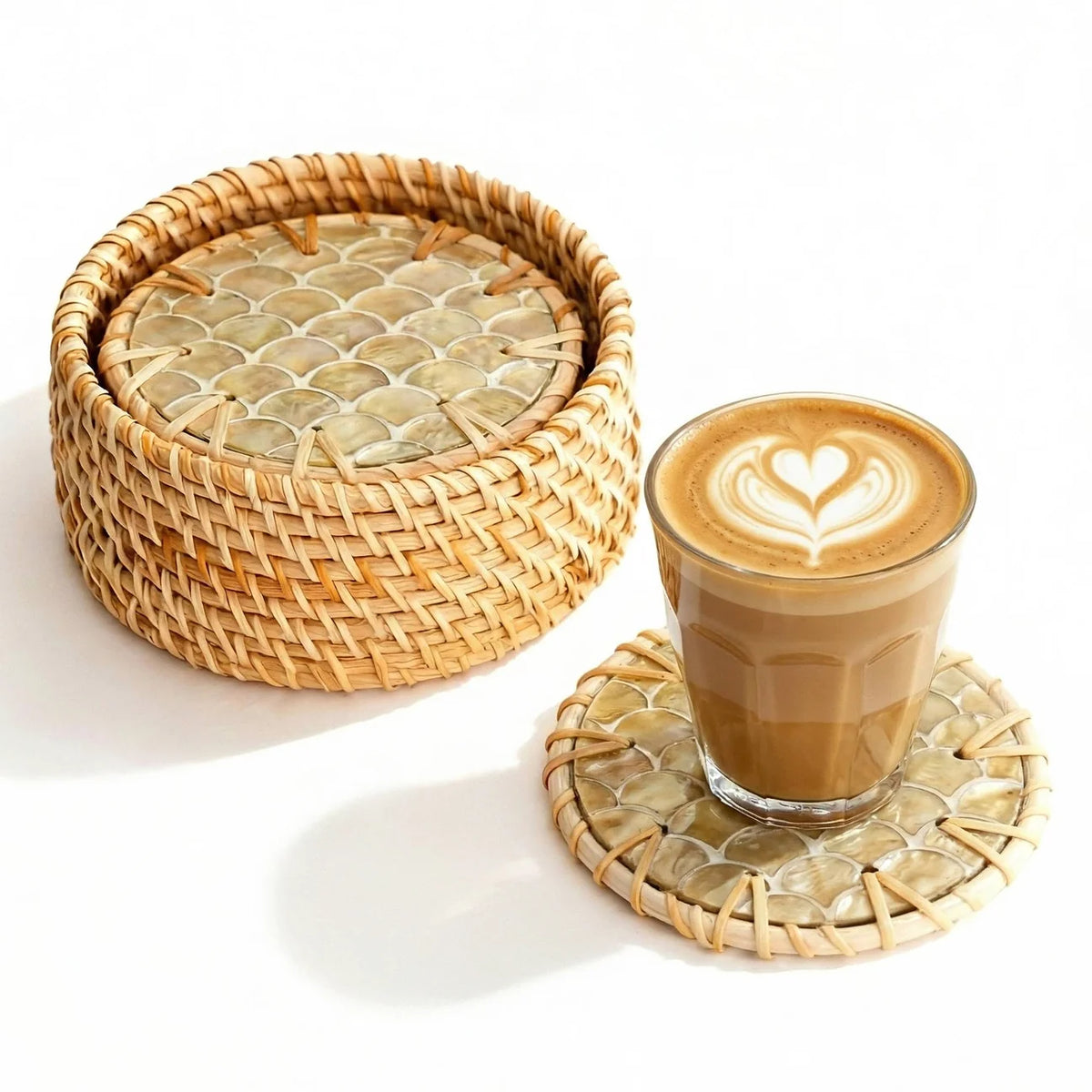 > Mother of Pearl & Rattan Coasters ~ Ripple, Cascade, Everglade or Drift Style Choice (Set of 6 with Holder)