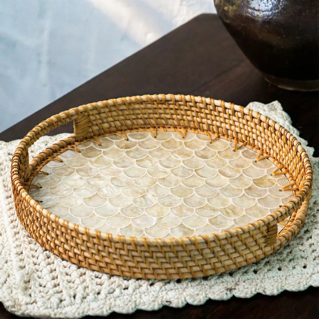 > Mother of Pearl & Rattan Tray ~ Cascade, Ripple, Everglade or Drift Style Choice (30cm)