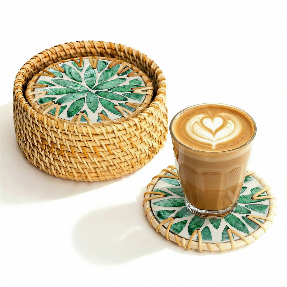 > Mother of Pearl & Rattan Coasters ~ Ripple, Cascade, Everglade or Drift Style Choice (Set of 6 with Holder)
