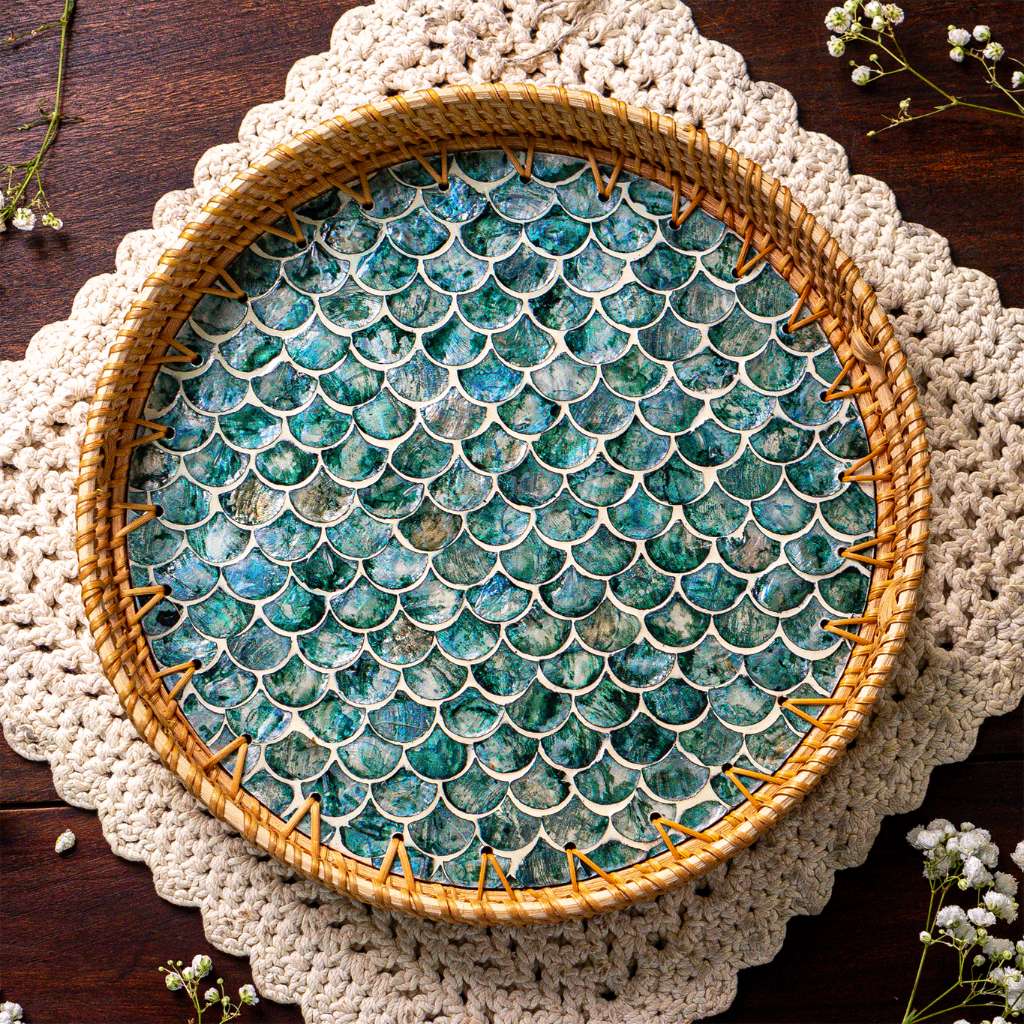 > Mother of Pearl & Rattan Tray ~ Cascade, Ripple or Drift Style Choice (30cm)
