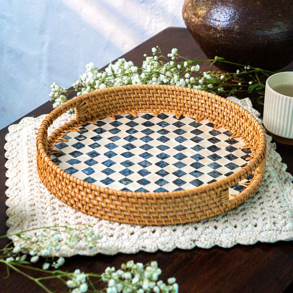 > Mother of Pearl & Rattan Tray ~ Drift, Cascade or Ripple Style Choice (35cm)